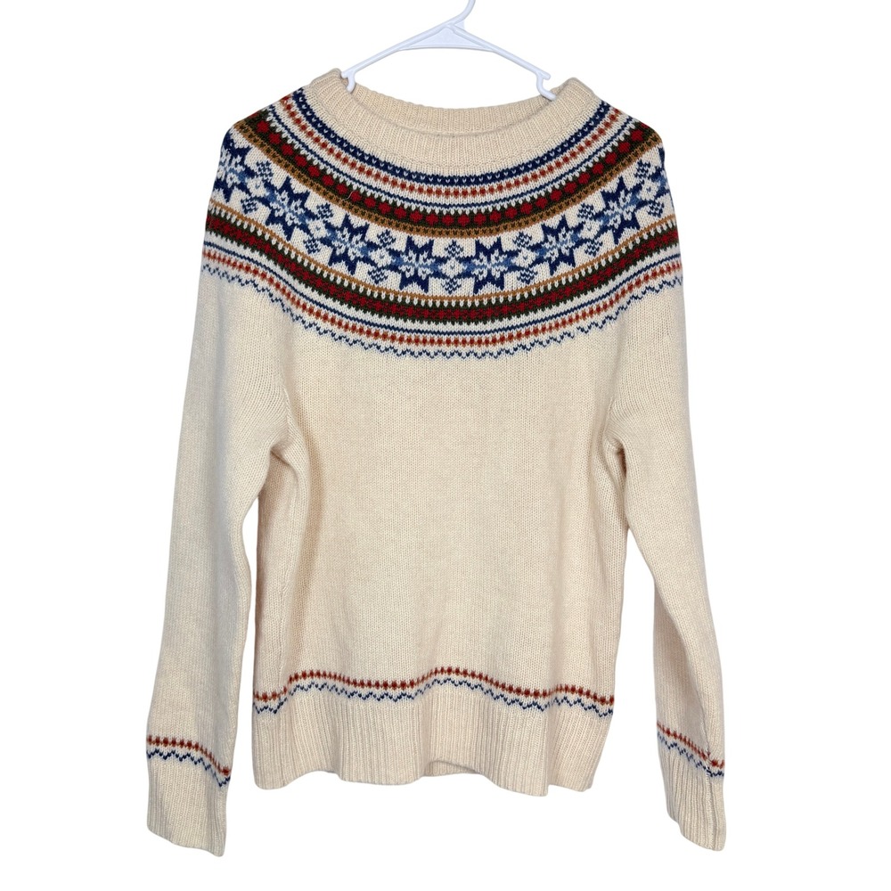 J. Crew Womens Fair Isle Sweater S Cream Lambswool Snowflake Yoke Pullover BM109